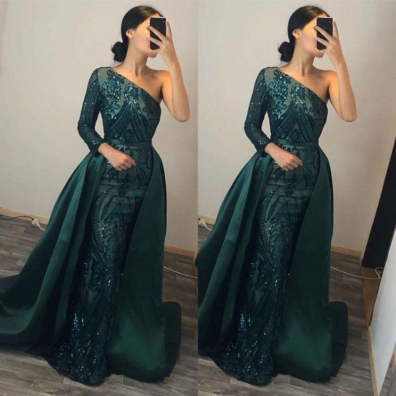 Dunkelgrünes One-Shoulder-Überrock-Langarm-Meerjungfrau-Abschlussballkleid mit Pailletten