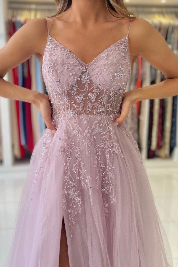 A-Linien-Abendkleid aus Tüll mit Spaghettiträgern und Perlenverzierung