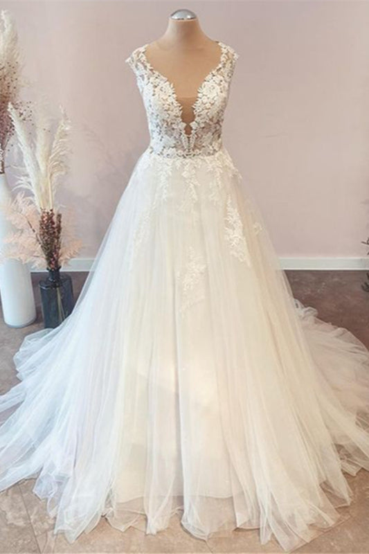 Ärmelloses, rückenfreies A-Linien-Brautkleid mit Wasserfallausschnitt und Spitzenapplikationen