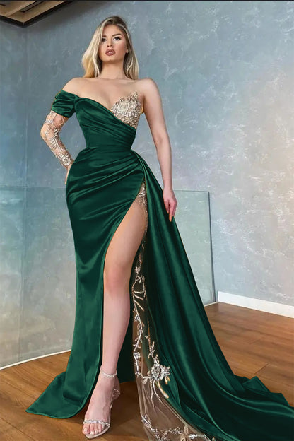 Gelbes, langärmliges, geschlitztes Meerjungfrau-Applikationen-Abschlussballkleid, lang, mit Rüschen und Herzausschnitt