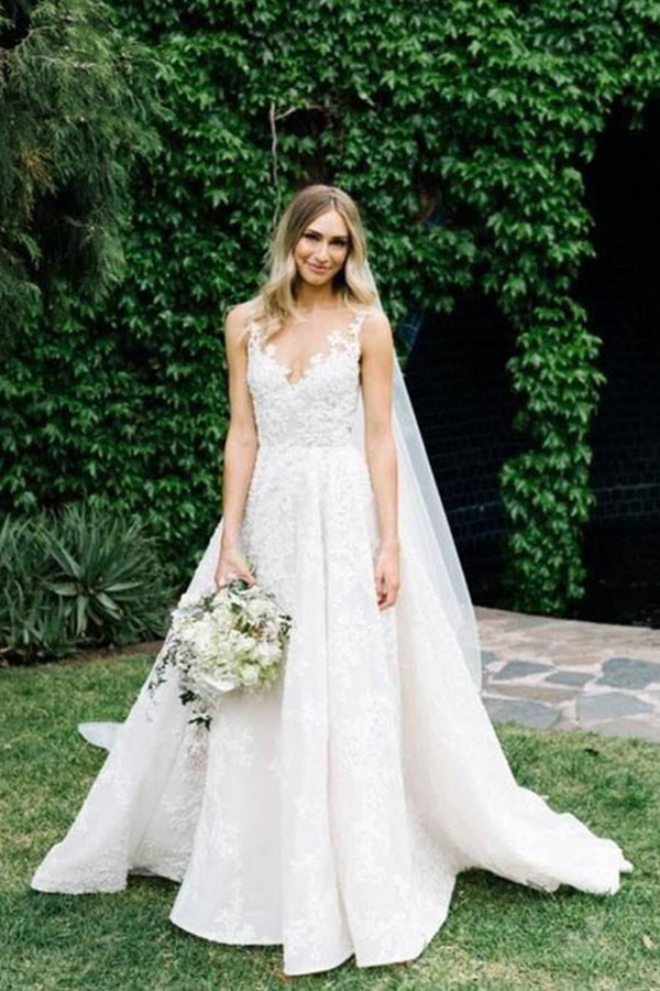 A-Linien-Brautkleid mit Trägern, V-Ausschnitt und Blumenperlen