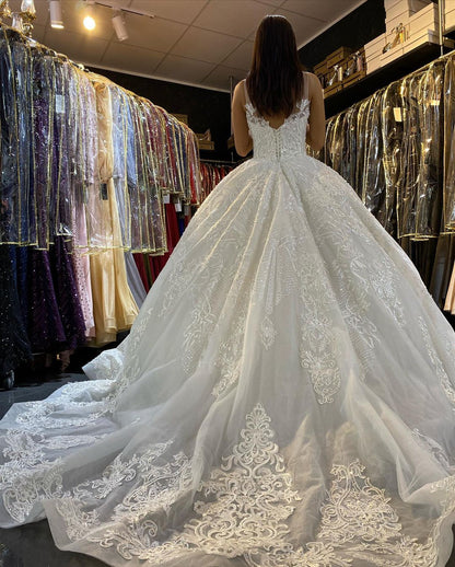 Wunderschönes Brautkleid aus Spitze mit rückenfreier Schleppe und V-Ausschnitt-Applikationen