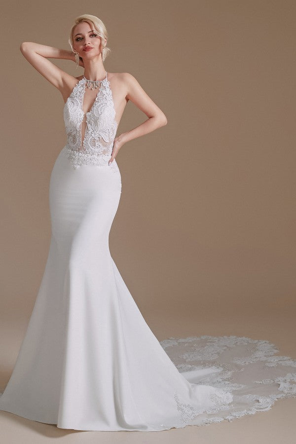 Bescheidenes langes, rückenfreies Satin-Brautkleid im Meerjungfrau-Stil mit Neckholder und Spitzenapplikationen