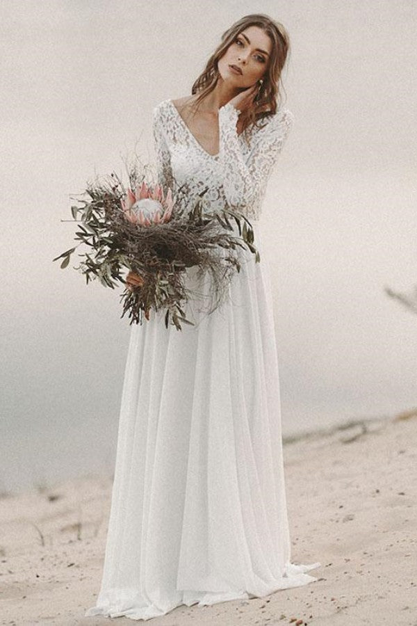 Langärmliges Boho-Hochzeitskleid mit Spitze