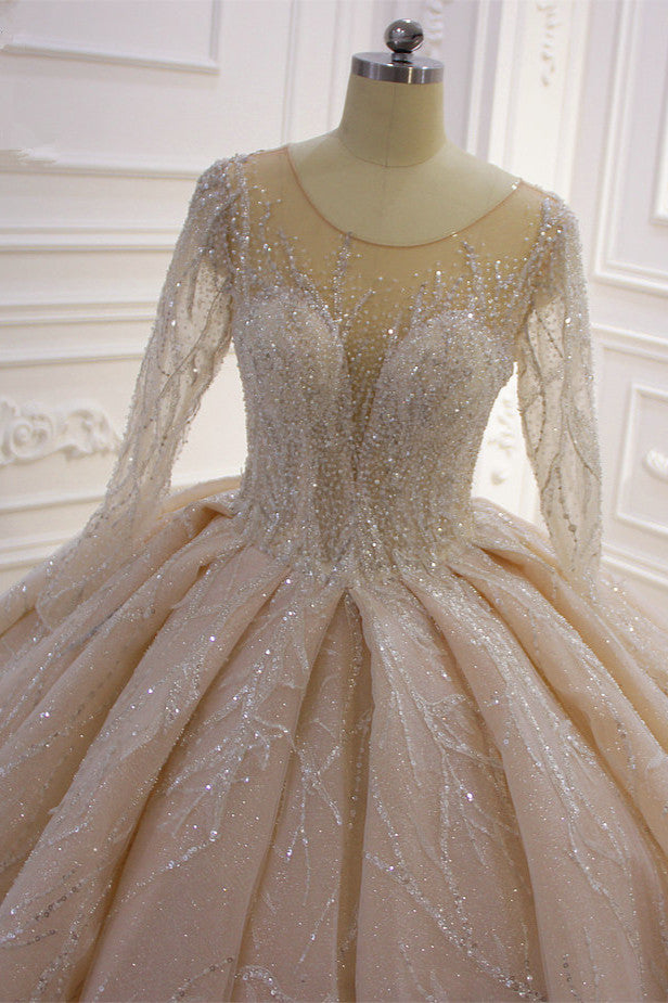 Bateau-Brautkleid mit langen Ärmeln, bodenlangem Ballkleid und Rüschen