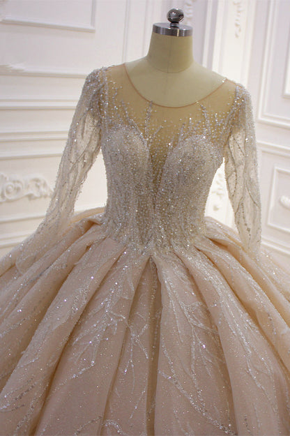 Bateau-Brautkleid mit langen Ärmeln, bodenlangem Ballkleid und Rüschen