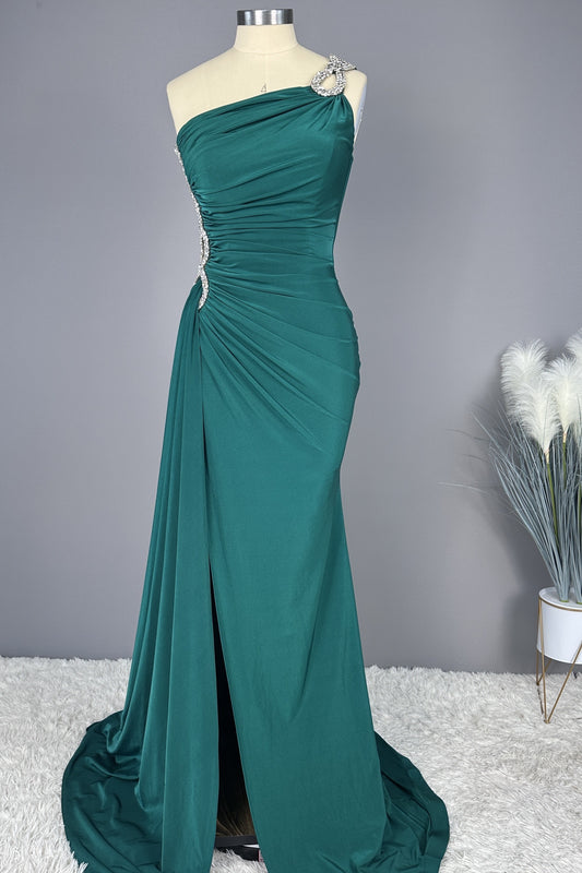 Abendkleid lang, smaragdgrün, ärmellos, One-Shoulder-Applikationen