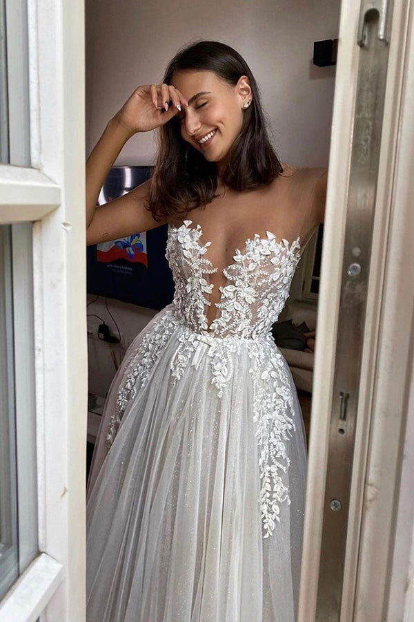 Transparentes, bodenlanges Brautkleid in A-Linie mit Tüllapplikationen