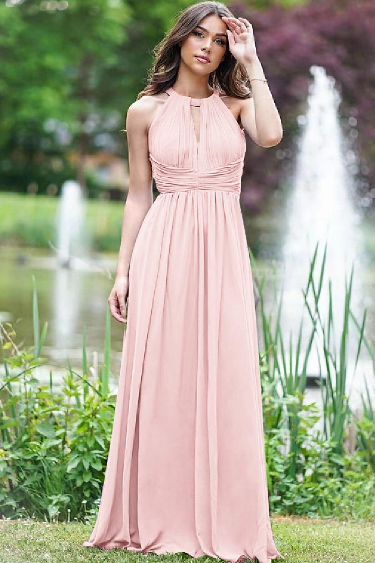 Elegantes, fliederfarbenes, ärmelloses Abendkleid in A-Linie online mit offenem Rücken