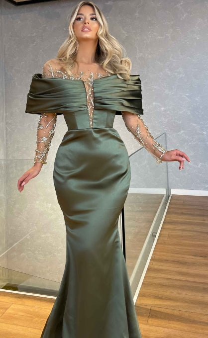 Grünes Ballkleid, schulterfreies, langes, mit Perlen verziertes Meerjungfrauenkleid
