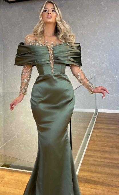 Grünes Ballkleid, schulterfreies, langes, mit Perlen verziertes Meerjungfrauenkleid