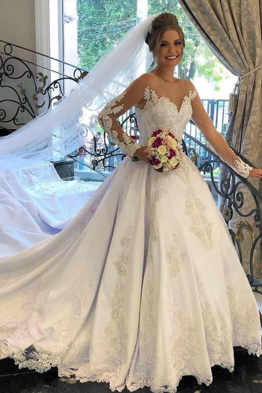 A-Linien-Brautkleid aus Satin mit langen Ärmeln und herzförmigem Ausschnitt
