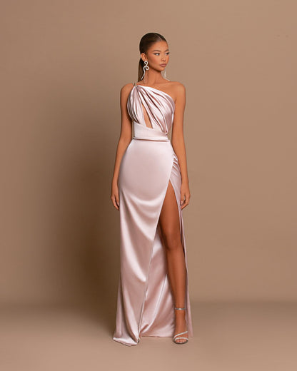 Errötendes Rosa-Mauve-Abschlussballkleid, einschultriges Spaghettiträger, ärmellos mit Schlitz
