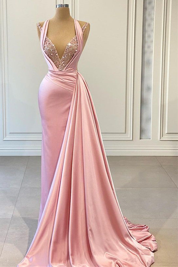 Rosafarbenes Neckholder-Abschlussballkleid, glänzendes Meerjungfrauenkleid mit V-Ausschnitt