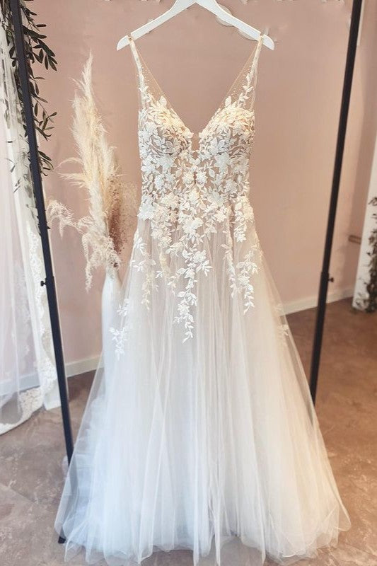 Spaghettiträger, herzförmiges A-Linien-Brautkleid aus Tüll mit Applikationen und Spitze