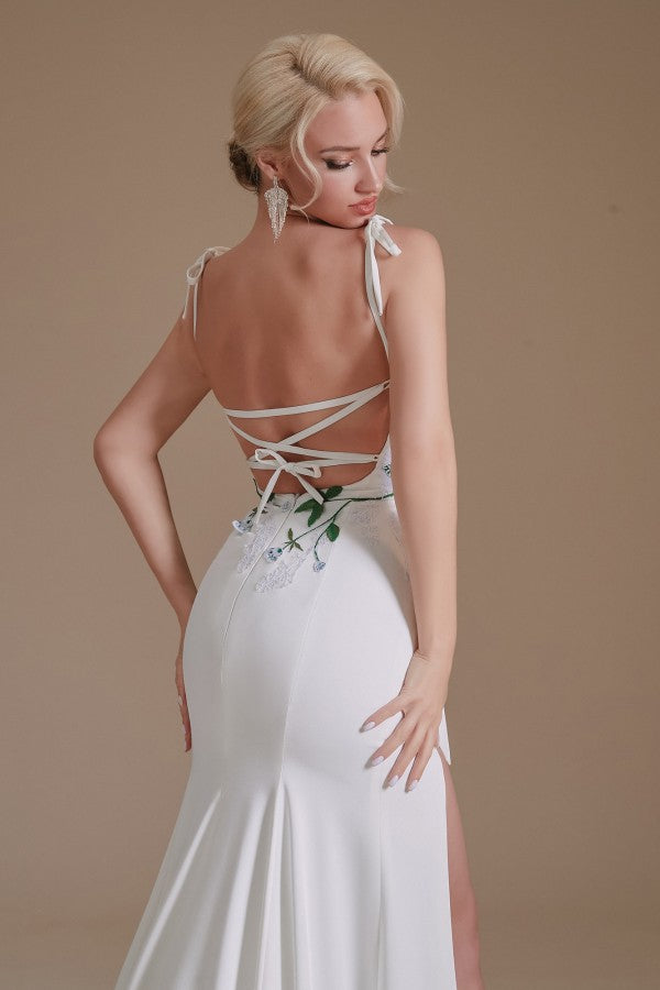 Wunderschönes, langes Meerjungfrau-Brautkleid aus Satin mit Spaghettiträgern und offenem Rücken und Schlitz