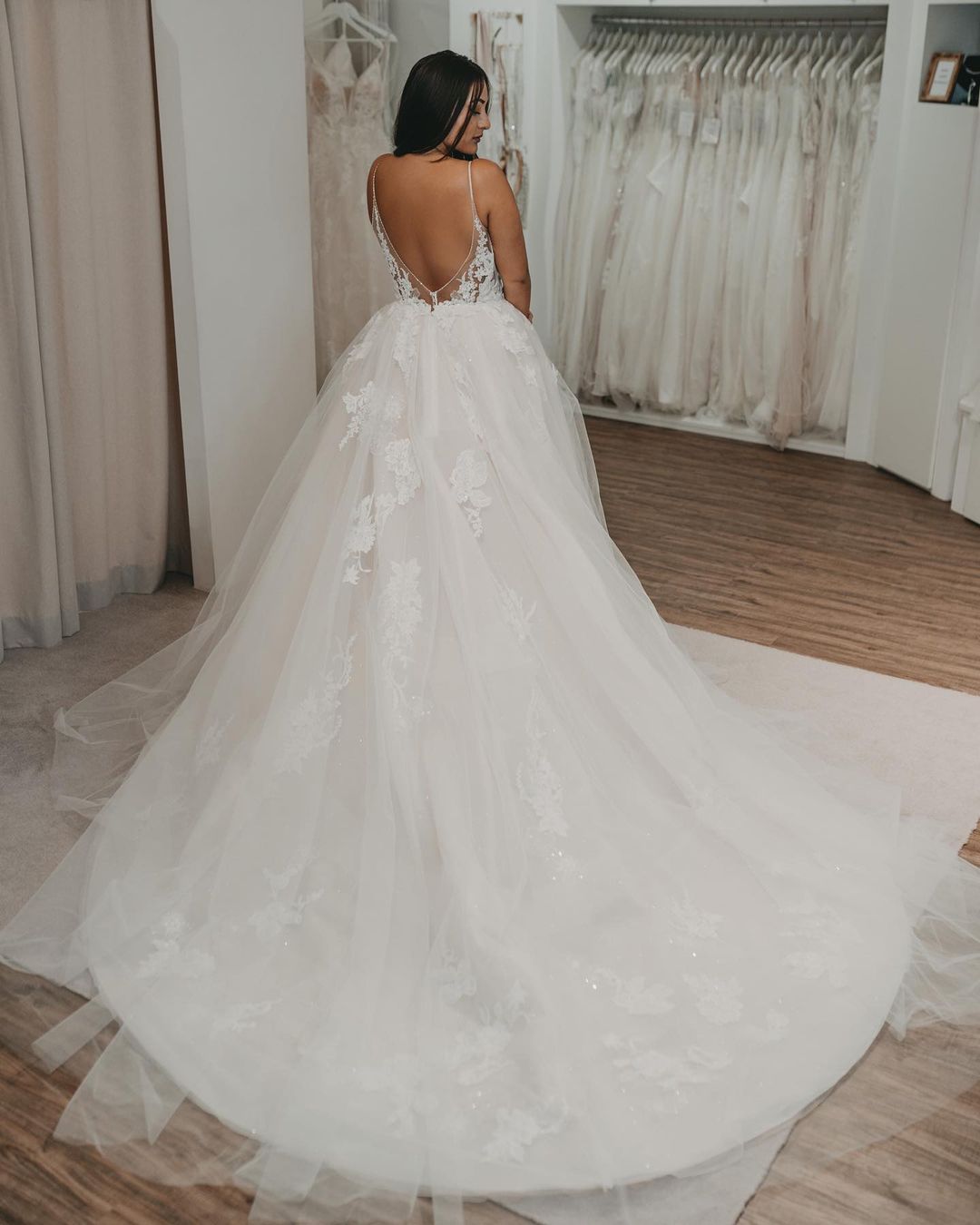Elegantes langes Brautkleid in A-Linie mit V-Ausschnitt und offenem Rücken aus Tüll