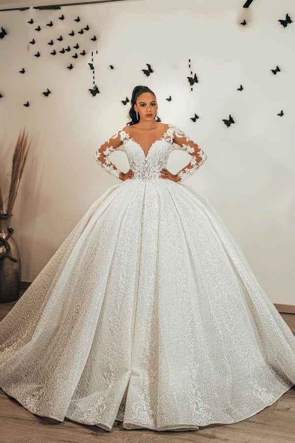 Ballkleid, herzförmiges Brautkleid mit langen Ärmeln, Rüschen und Applikationen, Spitze und Pailletten