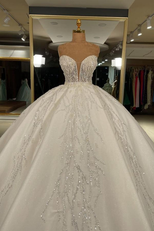 Luxuriöses langes Ballkleid-Hochzeitskleid mit Glitzer und Herzausschnitt