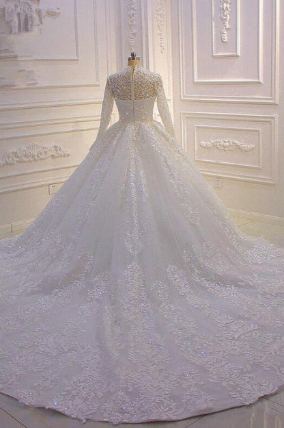 Ballkleid-Hochzeitskleid mit Stehkragen und langen Ärmeln, Rüschen und Spitzenapplikationen