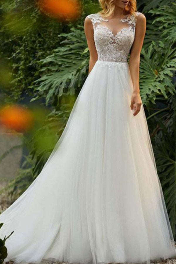 Ärmelloses, langes Hochzeitskleid aus Tüll und Spitze