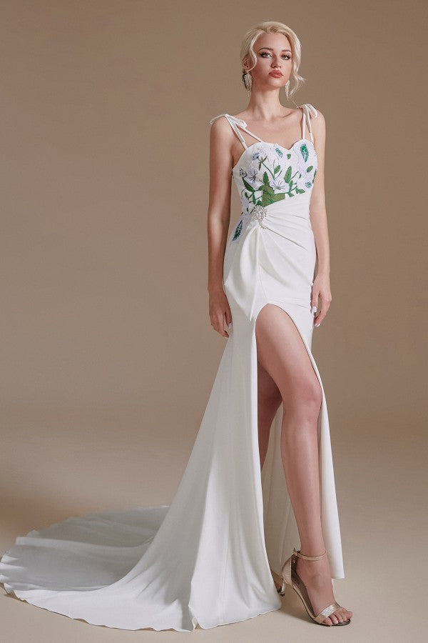 Wunderschönes, langes Meerjungfrau-Brautkleid aus Satin mit Spaghettiträgern und offenem Rücken und Schlitz