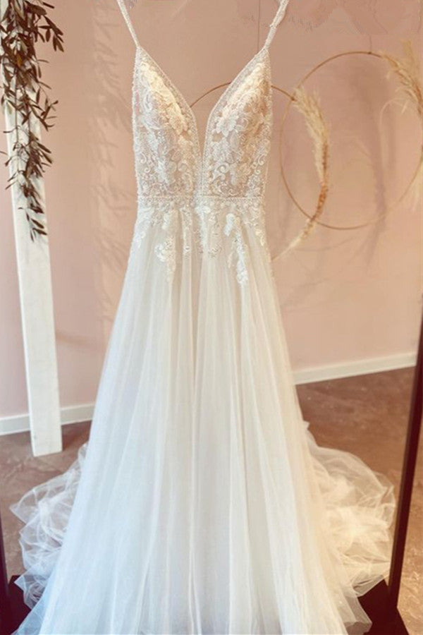 Bescheidenes langes Brautkleid aus Tüll, A-Linie, V-Ausschnitt, Spaghettiträgern und Spitzenapplikationen