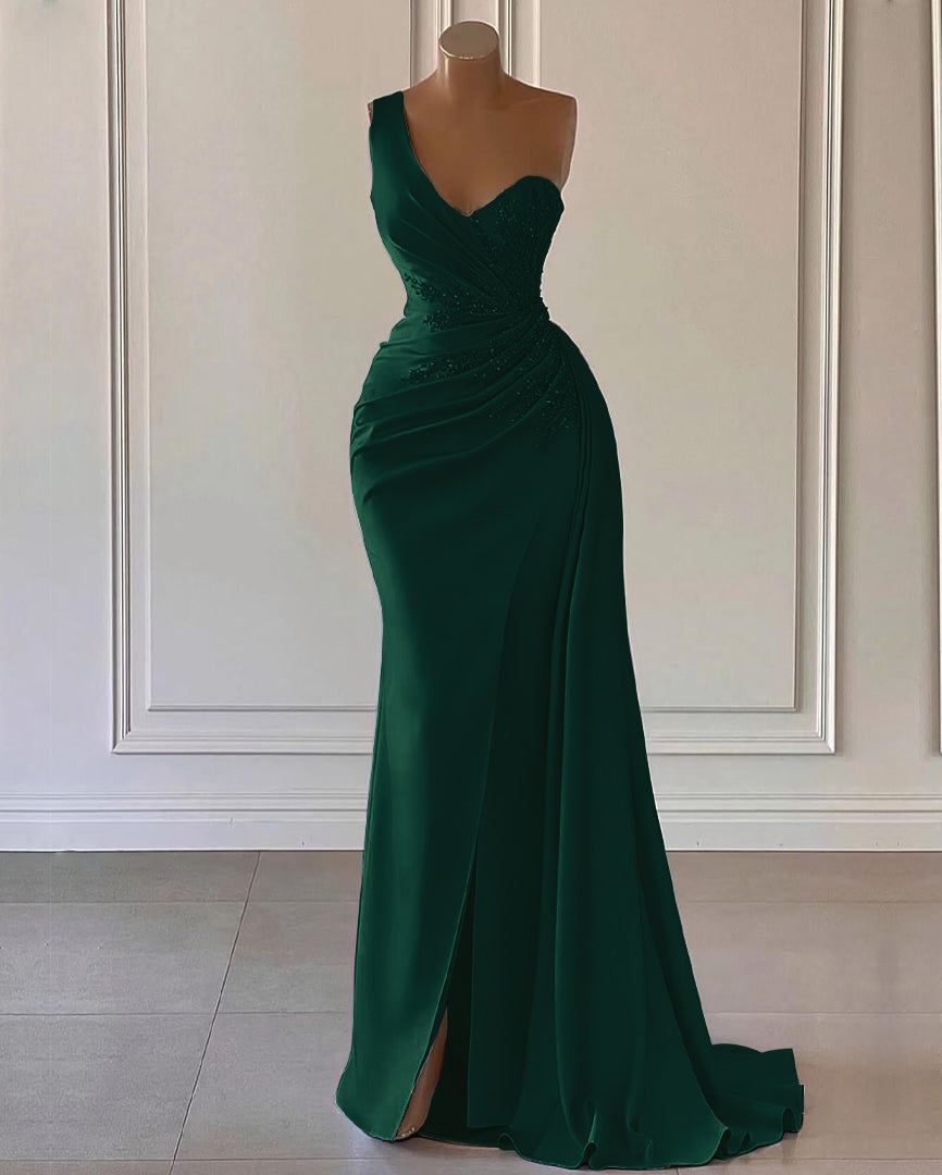 Himmelblaues One-Shoulder-Luxus-Abschlussballkleid im Meerjungfrau-Stil mit Schlitz und Rüschen