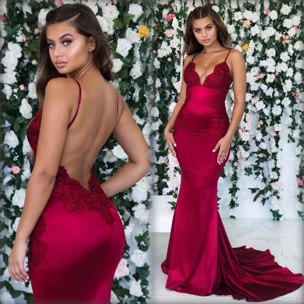 Burgunderrotes Meerjungfrau-Abschlussballkleid mit Spitze