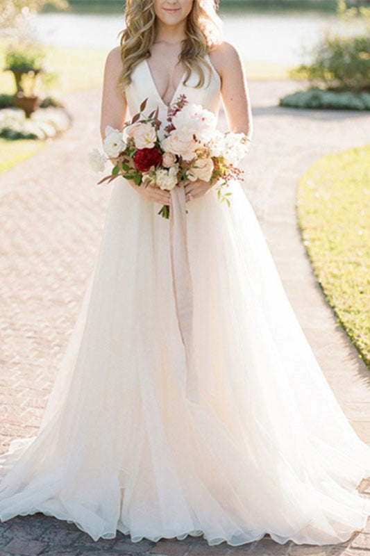 Ärmelloses Brautkleid aus Tüll Hochzeitskleid A-Linie