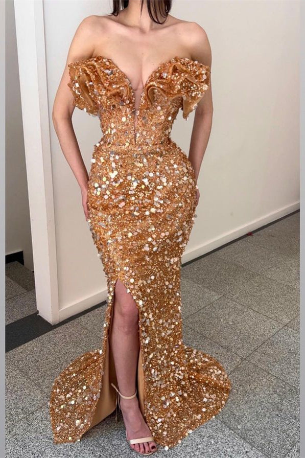 Champagner-Abschlussballkleid mit V-Ausschnitt, plissierten Pailletten und Schlitz