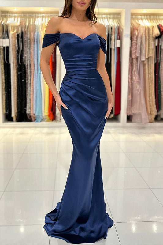 Königsblaues Ballkleid, herzförmig, schulterfrei, plissiert, lang