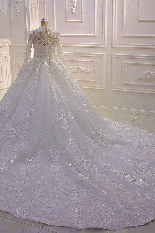 Ballkleid-Hochzeitskleid mit Stehkragen und langen Ärmeln, Rüschen und Spitzenapplikationen