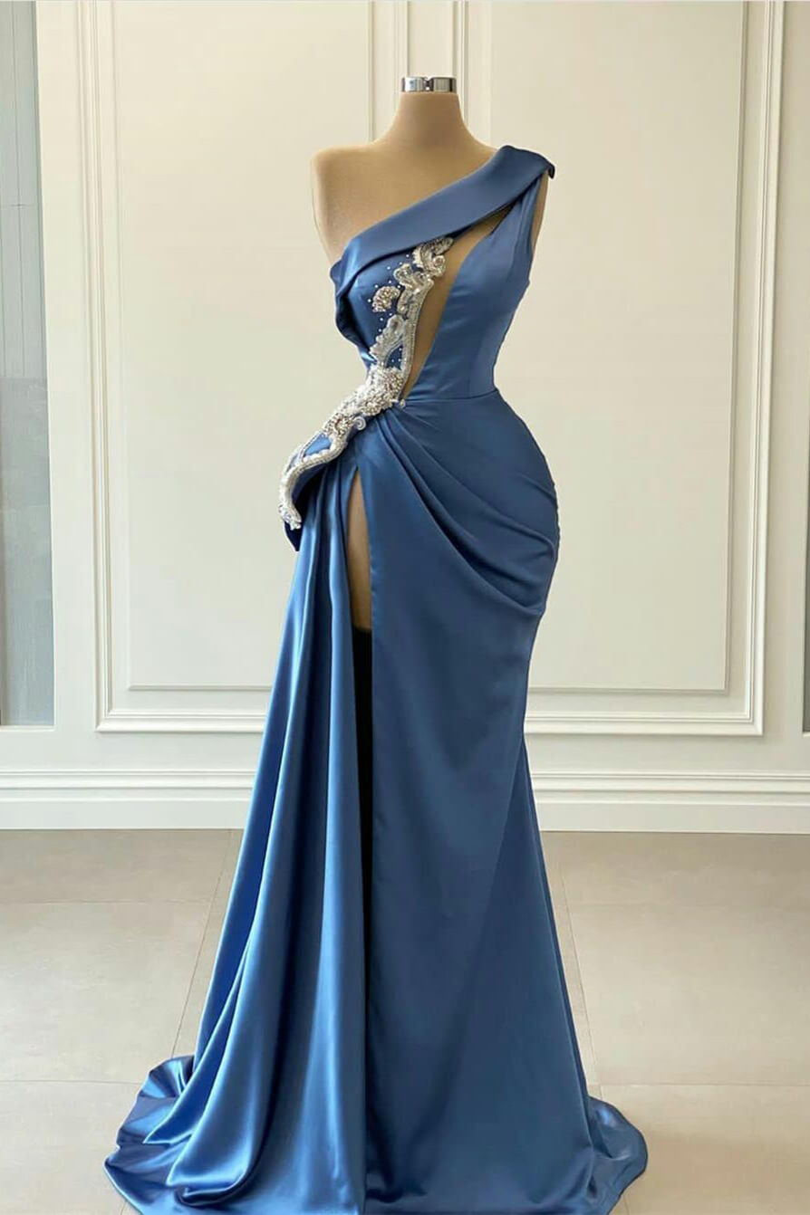 Blaues One-Shoulder-Meerjungfrau-Abschlussballkleid mit Perlen