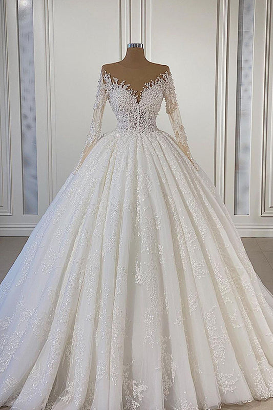 Wunderschönes Ballkleid-Hochzeitskleid mit langen Ärmeln und Spitzenperlen