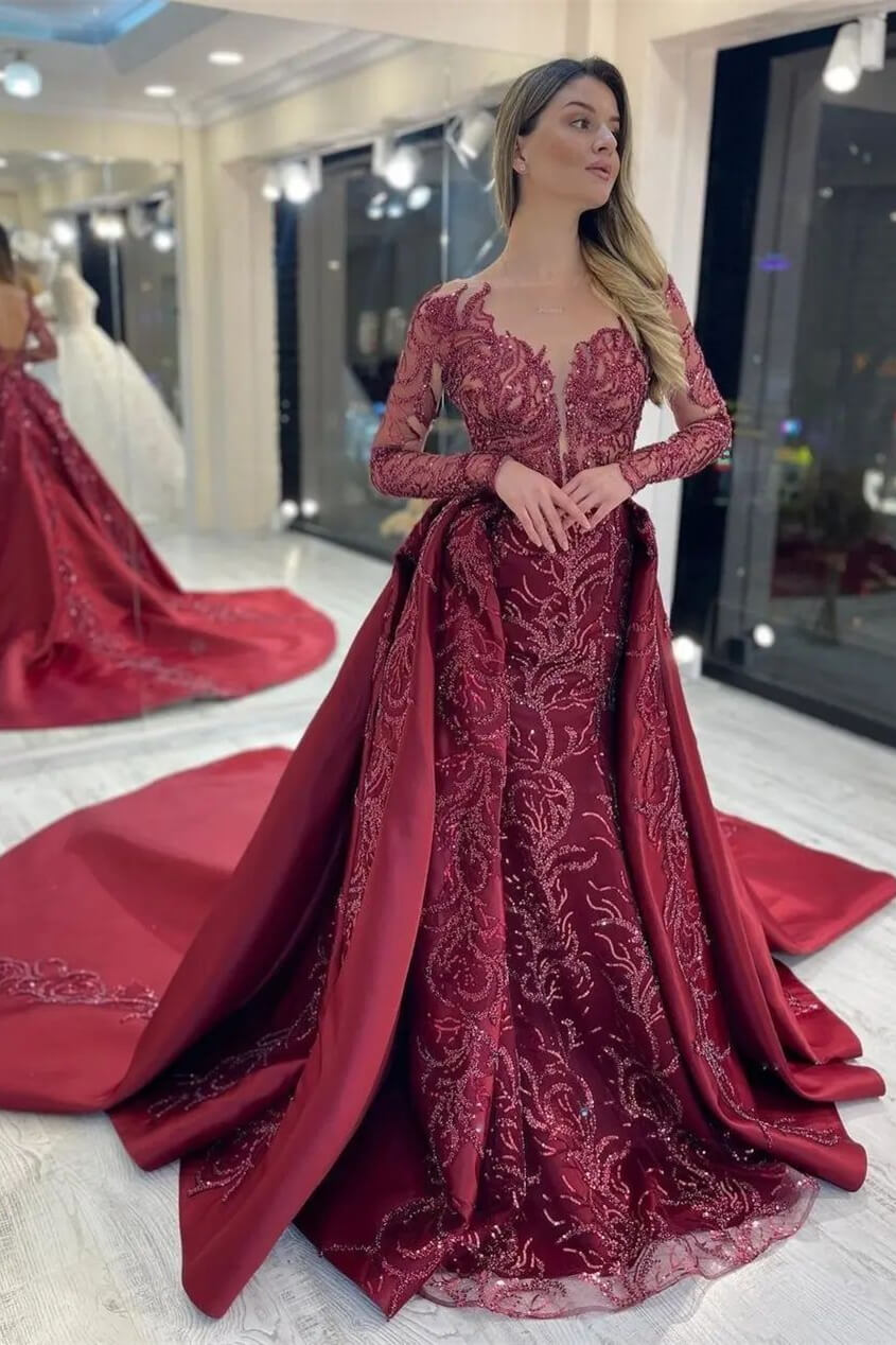 Elegantes rotes Meerjungfrau-Abendkleid mit langen Ärmeln und Paillettenapplikation