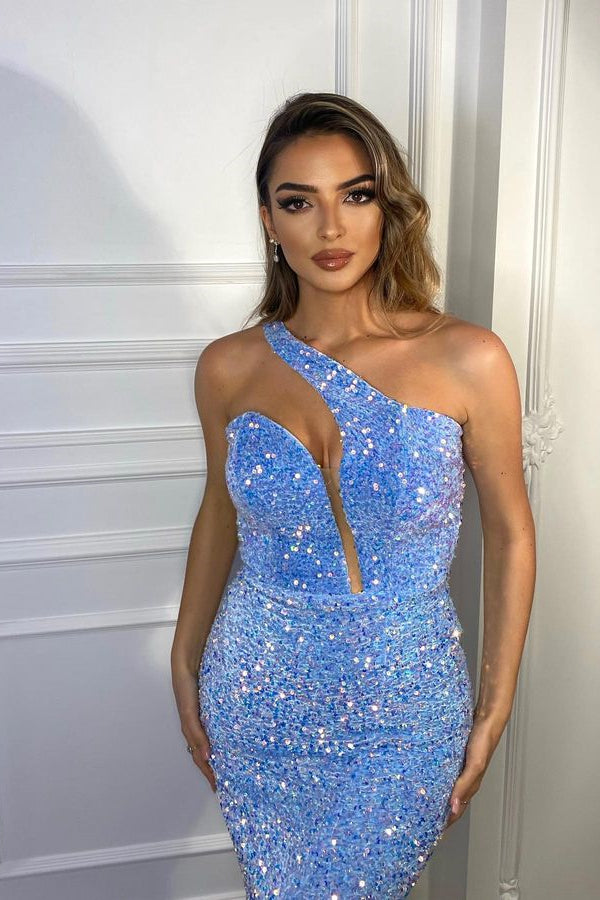 Babyblaues Ballkleid, One-Shoulder-Meerjungfrau-Pailletten