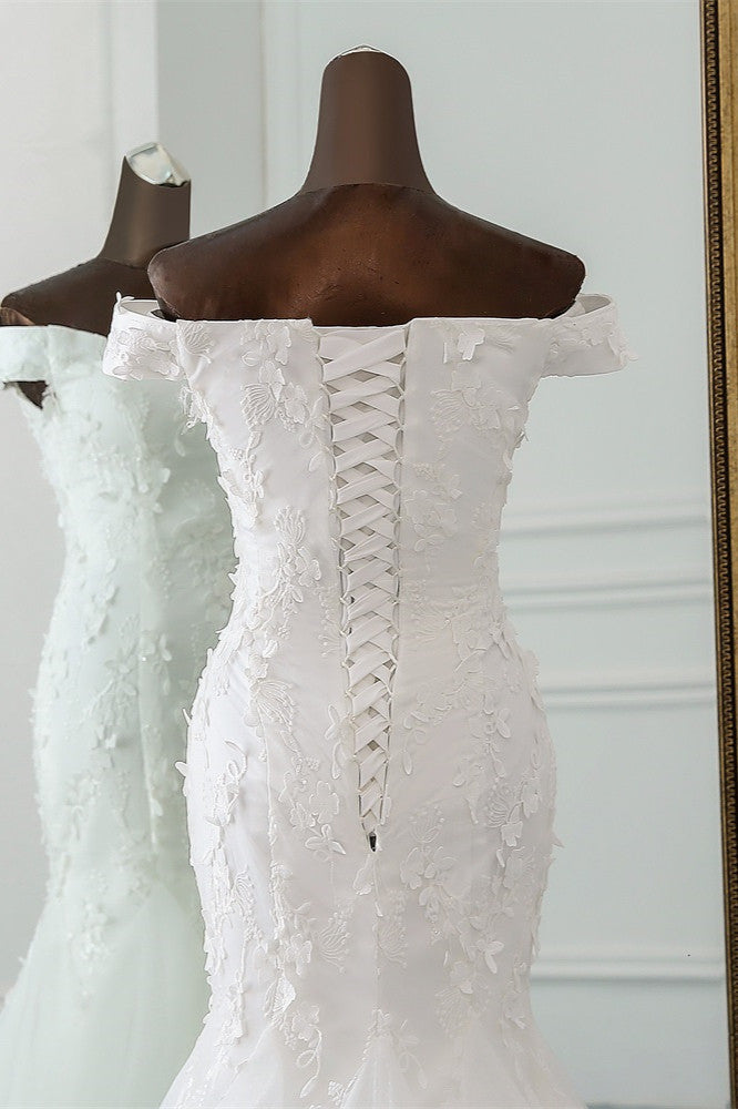 Schulterfreies, langes Meerjungfrau-Brautkleid mit Tüll und Spitze