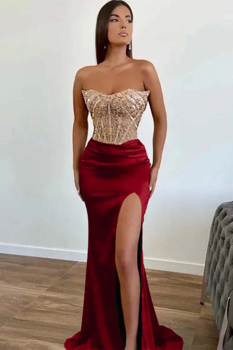 Dunkelgrünes, perlenbesetztes Meerjungfrau-Abschlussballkleid, trägerloses Kleid mit Schlitz und Pailletten