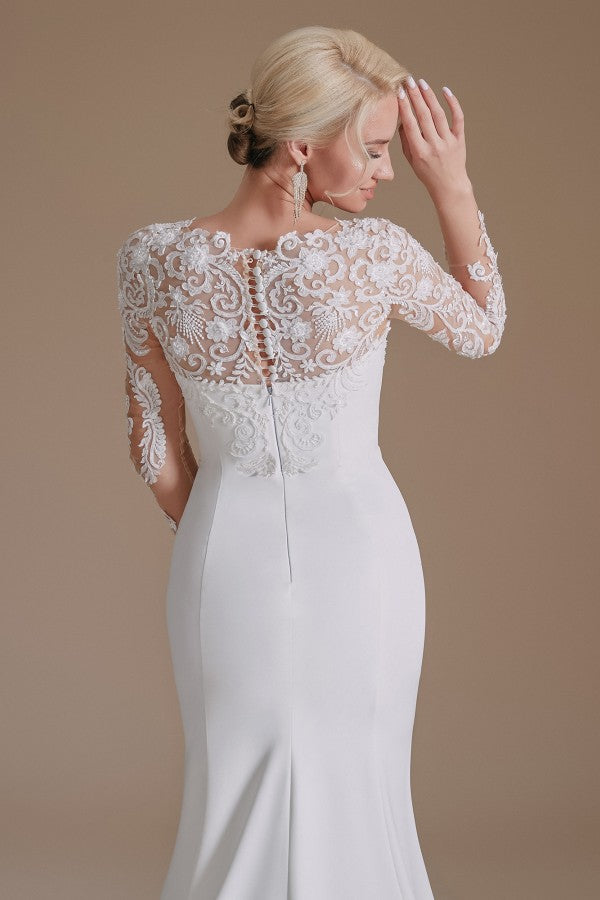 Langes Meerjungfrau-Brautkleid aus Juwel-Satin und Spitze mit Ärmeln