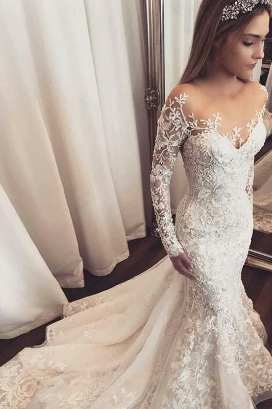 Edles, langärmliges, bodenlanges Meerjungfrau-Brautkleid mit Herzausschnitt, Tüllrüschen und Spitzenapplikationen